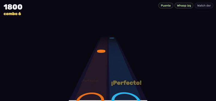 The drums game: the orange lane is played by the Whoop, the blue lane by the other hand